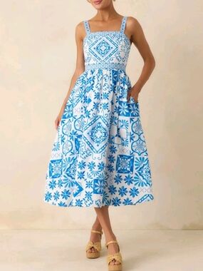 Prosperina Lydia Poplin Midi Dress M Blue  Tile Print NEW